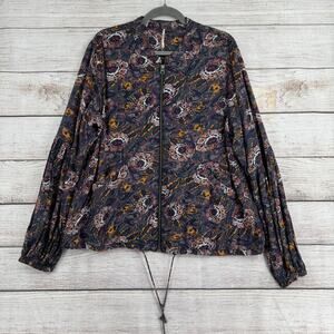Free People Full Zip Floral Rayon Jacket Womens Large Gray Purple